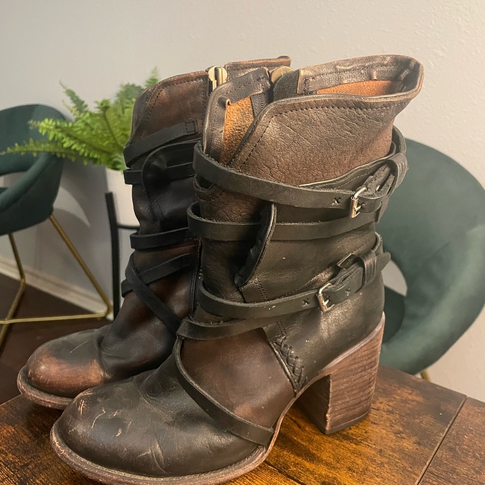 Brown and Black Heeled Boots with Straps and Chunky Heel